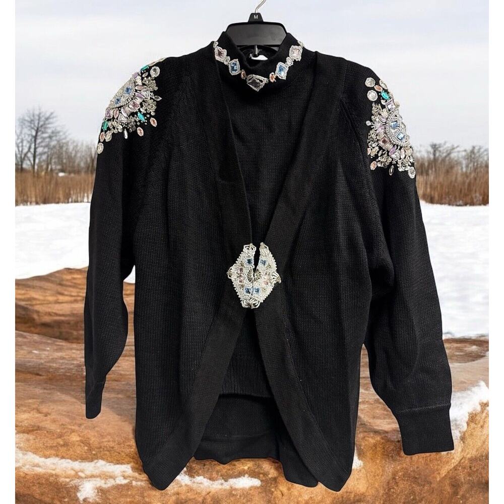 Vintage 80s 2 Pc Cardigan Sweater Set M Beaded Bejeweled‎ Bling Party Black